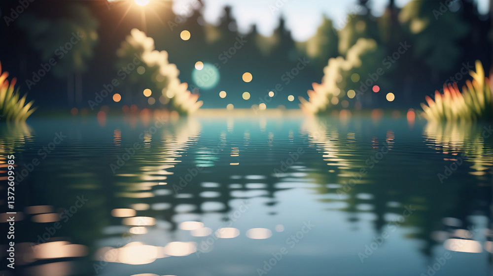 Poster a tranquil lake reflects sunlit trees under a bright sky. bokeh lights softly illuminate the serene 