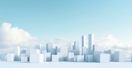 3D render of a minimalistic city skyline made from white cubes, against a clear blue sky, on an empty floor, in a perspective view