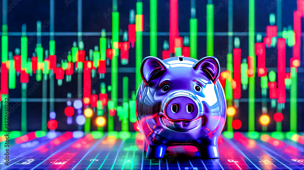 Poster a purple piggy bank is positioned in front of a brightly colored stock market chart with green and r