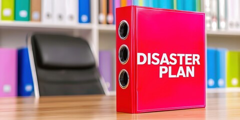 A red binder labeled "DISASTER PLAN" sits on a desk in an office, highlighting preparedness for emergencies within a colorful filing system, Disaster recovery planning.