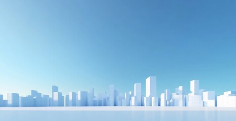 3D render of a minimalistic city skyline made from white cubes, against a clear blue sky, on an empty floor, in a perspective view