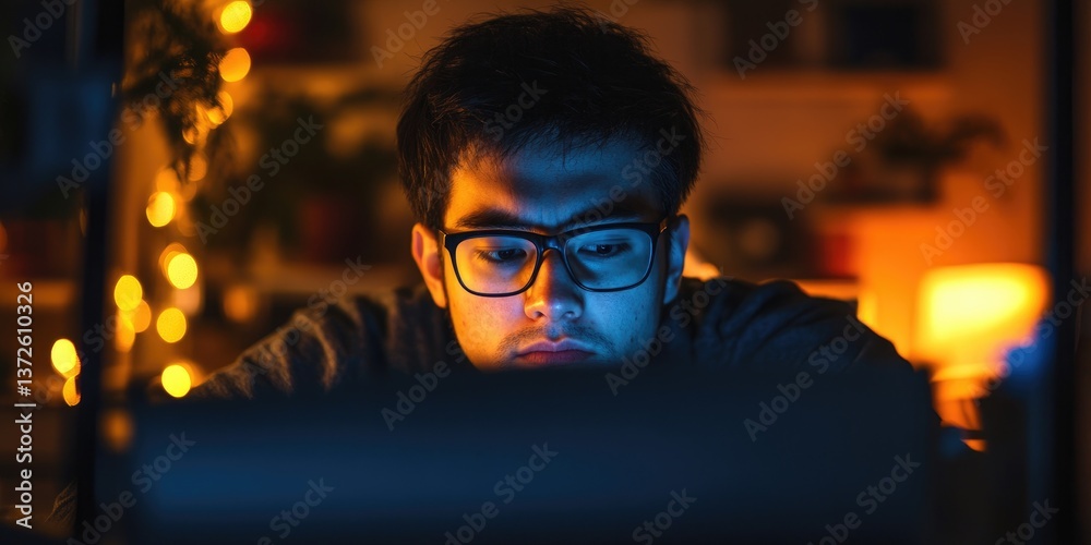 Poster a detailed view of a late-night work session, focus on a tired employee's face illuminated by the gl
