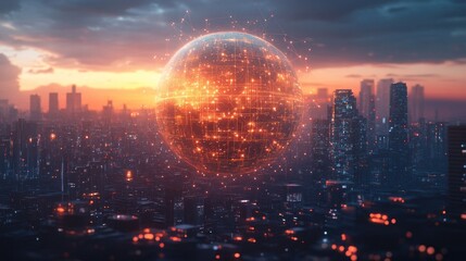 Futuristic sphere hovers over cityscape at sunrise