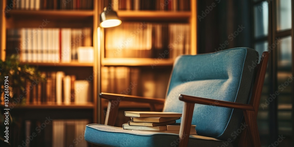 Poster A cozy office nook with soft lighting, close-up of a comfortable chair and a stack of books, focus on the inviting atmosphere