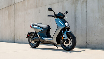 Modern Electric Scooter Parked Against Concrete Wall on Sunny Day
