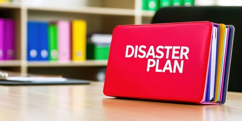 A red binder labeled "DISASTER PLAN" rests on a wooden desk, surrounded by colorful folders in a well-organized office setting, Disaster recovery planning.