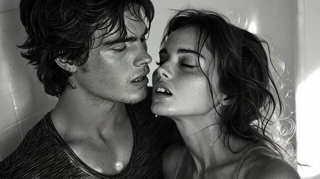 Close-up intimate couple, sweat, passionate kiss, bathroom setting, possible use for print ads, relationship magazines