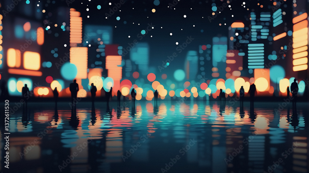 Aufkleber blurred cityscape at night with vibrant lights creating bokeh effect. silhouetted figures stand alon