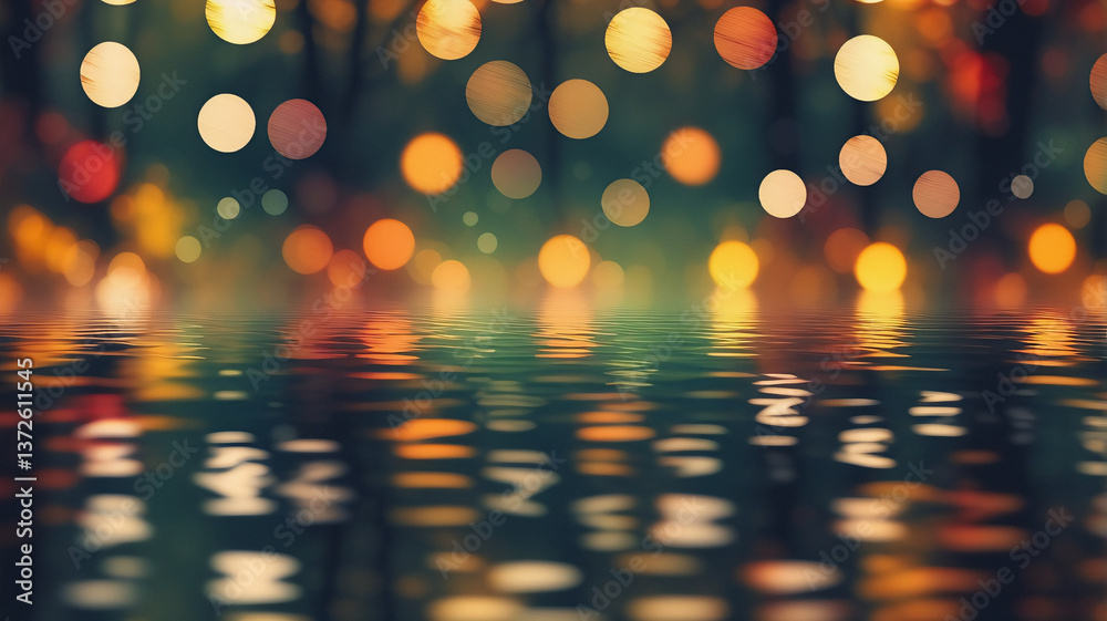 Aufkleber Soft blurred lights create a beautiful bokeh effect, reflecting on the dark water surface. The scene is abstract, dreamy, and evokes a tranquil and mysterious atmosphere.