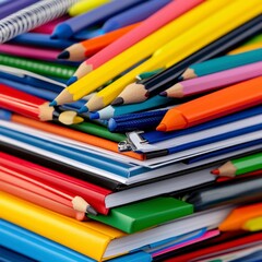 Colorful stack of notebooks and pencils, close up view. Bright primary and secondary colors. Back to school concept.