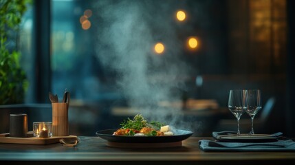Fototapeta premium Steaming Gourmet Dish Served on Elegant Table at Modern Restaurant with Blurred Background and Atmospheric Lighting
