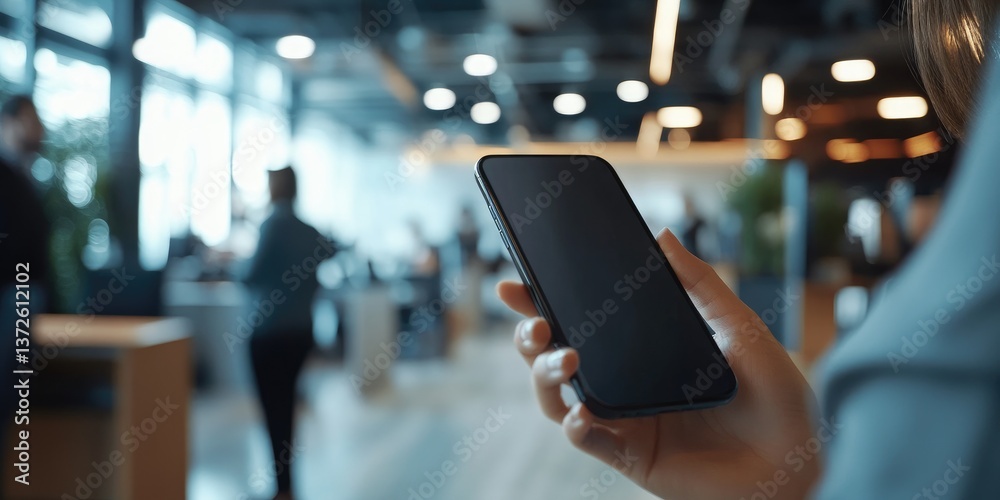 Poster a hand holding a phone in a busy office, focus on the active communication and multitasking energy