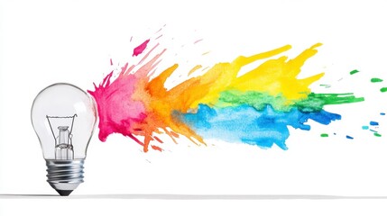 Obraz premium A lightbulb with vibrant watercolor paint splashes radiating outwards, symbolizing creativity and innovation. The image is bright, colorful, and dynamic, conveying a sense of energy and inspiration.