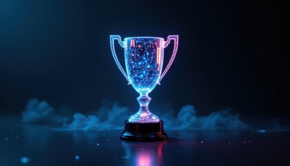 Glowing Digital Trophy in a Dark Environment with Smoke Effects