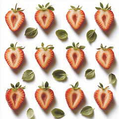Fresh Strawberry Halves with Green Leaves Flat Lay