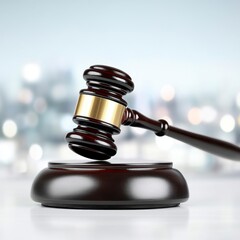 Dark brown wooden gavel on a sound block against a blurred cityscape background. The gavel is the central focus, exhibiting a polished finish and a gold band.