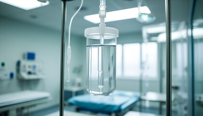 IV Drip Bag Hanging in Hospital Room Close-Up