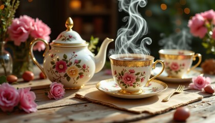 Fototapeta premium Elegant Tea Set with Roses and Steam on Rustic Wood Table