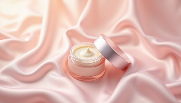 Cream Jar on Soft Satin Fabric with Gentle Lighting Effects