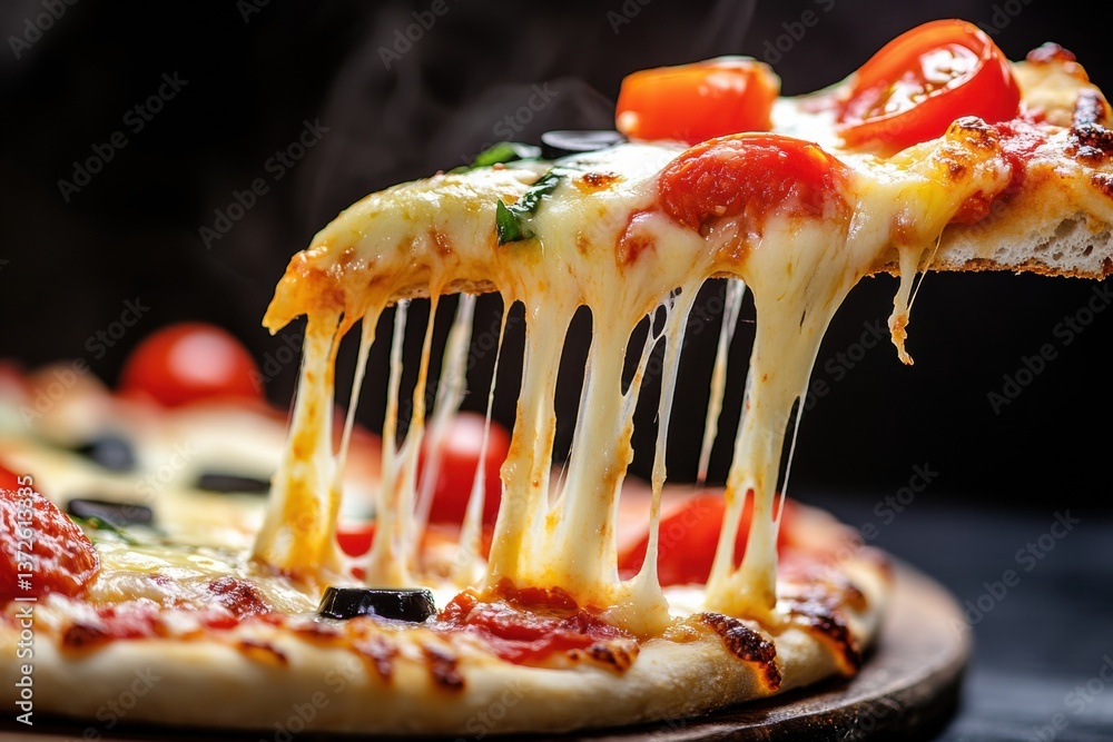 Aufkleber delicious pizza slice with gooey cheese and vibrant toppings lifted from a fresh pizza against a dyn