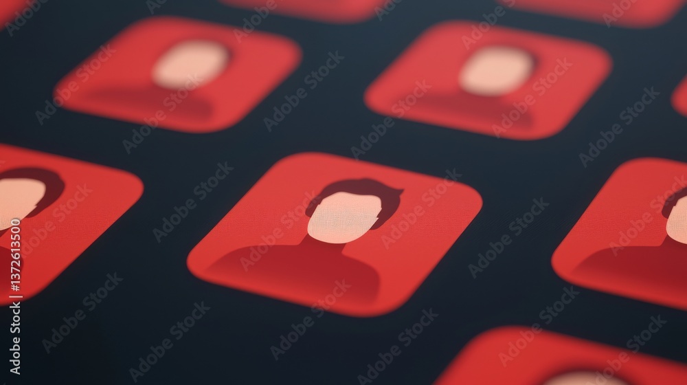 Wall mural symbolize of spam call. digital icons of user profiles on a dark background with red highlights.