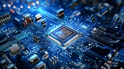 Close up view of a central processing unit (CPU) on a circuit board, glowing with blue light. Intricate details of the circuitry are visible.