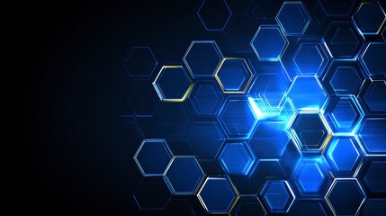 Abstract background with glowing blue hexagons, dark background, digital art, technology concept, geometric shapes, light effects, modern design.