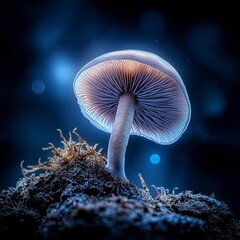 Close up of a single mushroom with a translucent, bluish purple cap and stem, glowing softly against a dark background with bokeh lights. The mushroom emerges from dark earth.