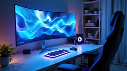 Fototapeta premium Modern Gaming Setup with Curved Screen and Neon Lighting at Night