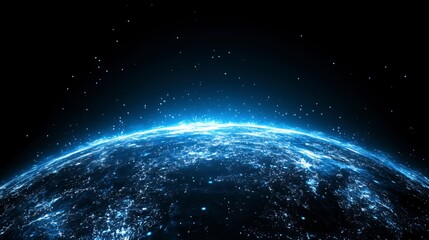 Obraz premium Glowing blue planet Earth at night, digital art, futuristic technology concept, network connections, global communication, space exploration. Dark background, bright light, detailed surface texture.