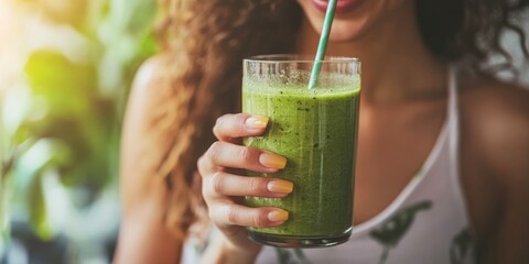 a person drinking a green smoothie, bright natural light and healthy setting reflect the freshness of a healthy lifestyle