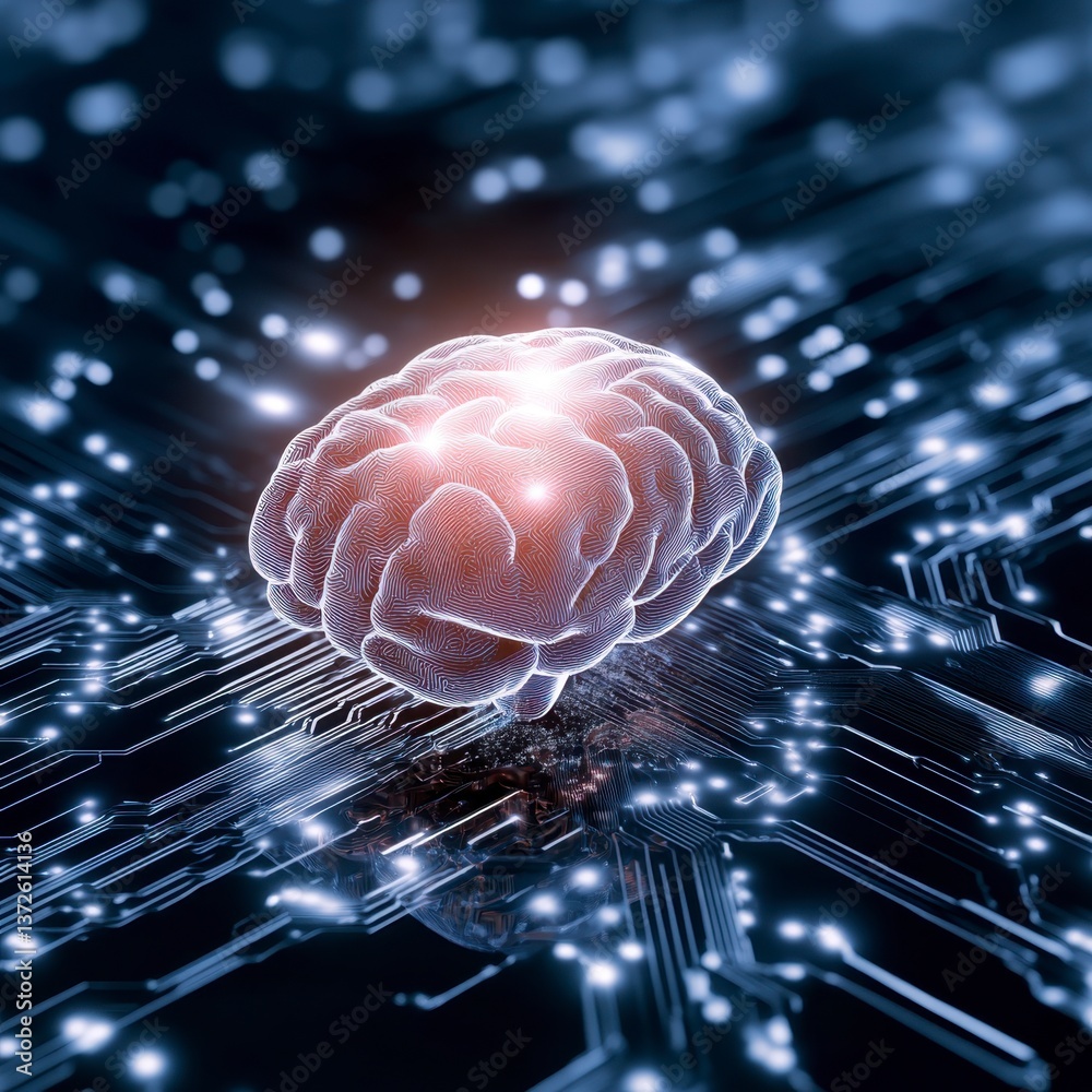 Poster abstract image of a glowing brain on a circuit board, representing artificial intelligence or neural