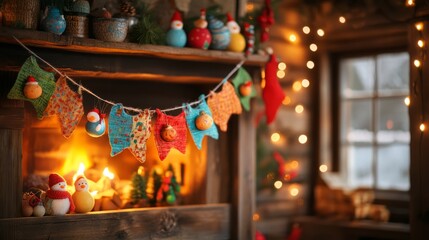 Naklejka premium easter eggs festive decorations. Cozy Christmas Fireplace with Handmade Decorations.
