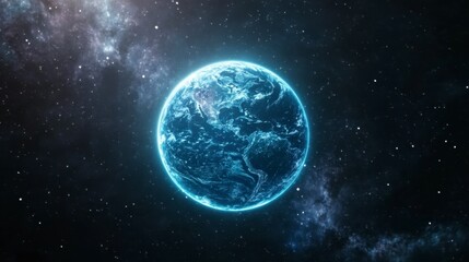 Naklejka premium A glowing digital rendering of planet Earth against a dark space background with a nebula. The planet is depicted with a network of light blue lines. 