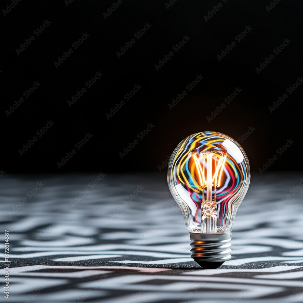Poster glowing lightbulb with colorful internal reflections sits on a dark surface with a patterned texture