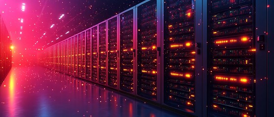 A data center with multiple server racks and bright lights