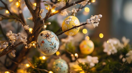 Obraz premium easter eggs festive decorations. Decorated Easter Eggs Hanging on Spring Branches.
