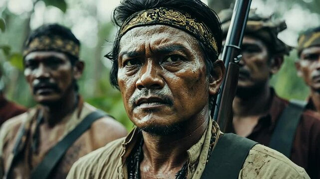 Tension builds among warriors in a dense jungle during a tribal gathering at dawn