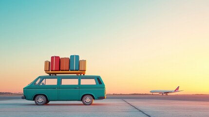 Fototapeta premium Vintage Caravan with Colorful Luggage at Sunset near Runway with Airplane Preparing for Takeoff in a Scenic Travel Concept