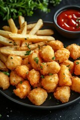 Fototapeta premium Golden fried potato gems paired with crispy fries and vibrant ketchup on a dark plate inviting food photography