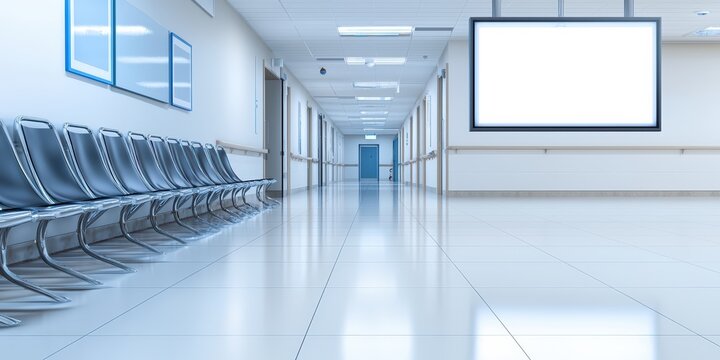 A modern hospital corridor featuring sleek seating, bright lighting, and an empty space for digital displays, Disaster recovery planning.