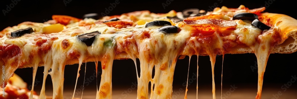 Poster delicious pizza slice with gooey cheese and vibrant toppings lifting from a tray in high-speed photo