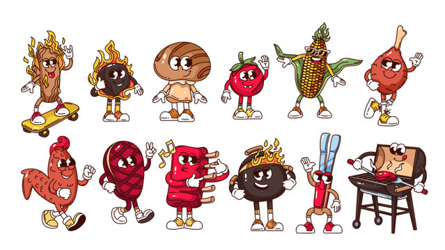 Naklejki Groovy BBQ cartoon characters set. Funny retro beefsteak and chicken, ribs, brazier and tongs to grill. Barbecue food and tools mascots, cartoon BBQ collection stickers of 70s 80s vector illustration