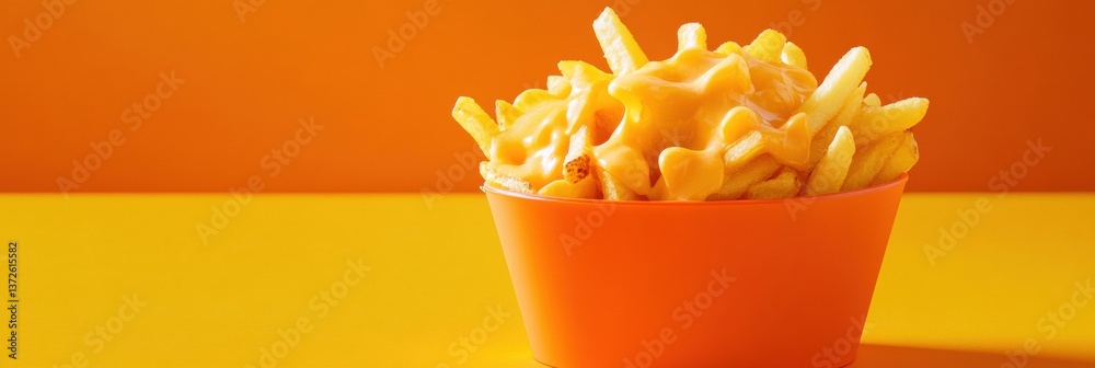 Poster crispy fries topped with melted cheese sauce in an orange container on a vibrant background