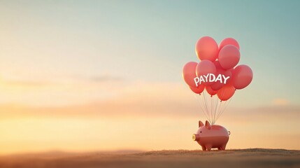 Fototapeta premium Cute piggy bank with colorful balloons illustrating payday concept during sunset in a serene landscape, symbolizing financial freedom and savings journey