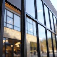 Fototapeta premium A clear corporate window pane capturing the urban landscape reflection and showcasing modern architecture in the city