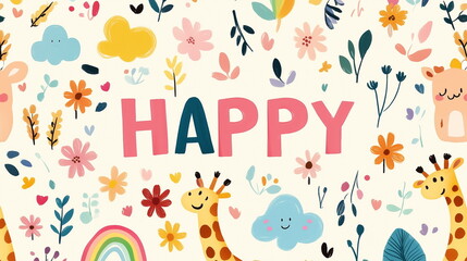 Abstract background. A delightful wallpaper featuring the word "HAPPY" in large letters, surrounded by playful animals, rainbows, clouds, and flowers in soft pastel colors. A cheerful and warm atmosph