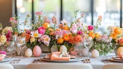 easter eggs festive decorations. Festive Spring Table Setting with Floral Arrangement.