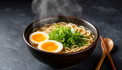 Steaming Ramen Noodle Soup with Egg and Green Onions