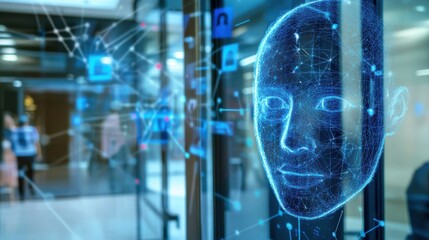 A high tech AI powered facial recognition system, analyzing facial features for security purposes and access control, office setting